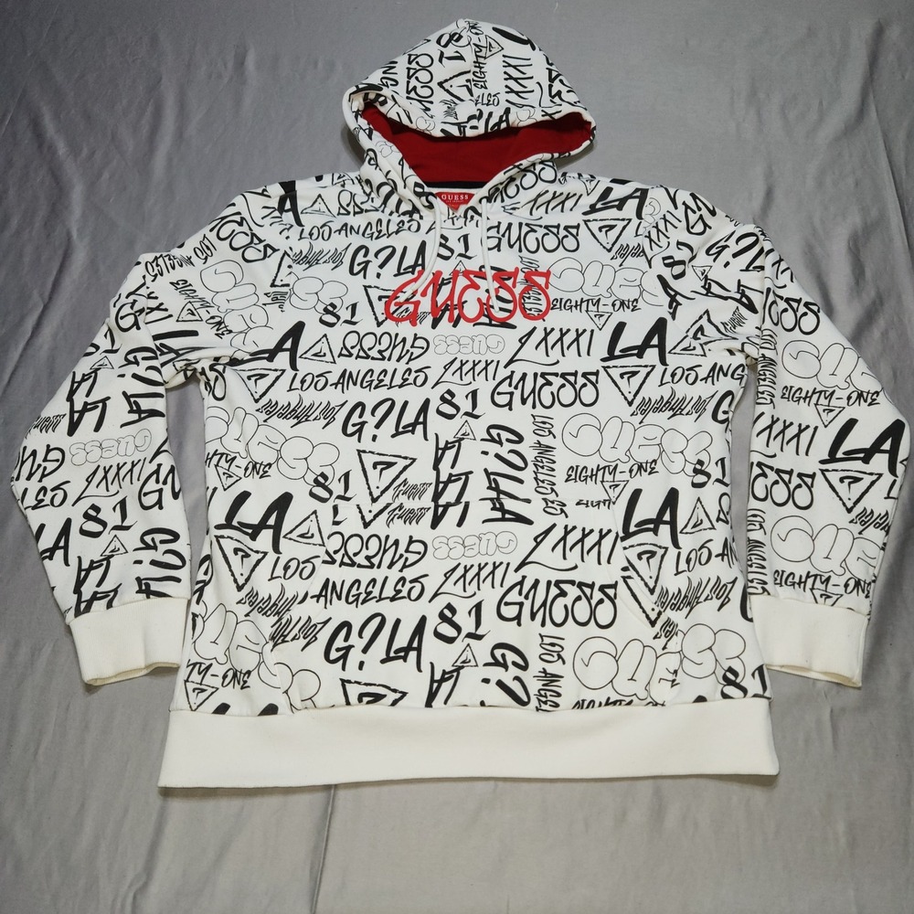 Guess Los Angeles Graffiti All Over Print Hoodie White Red Black Mens Large L
